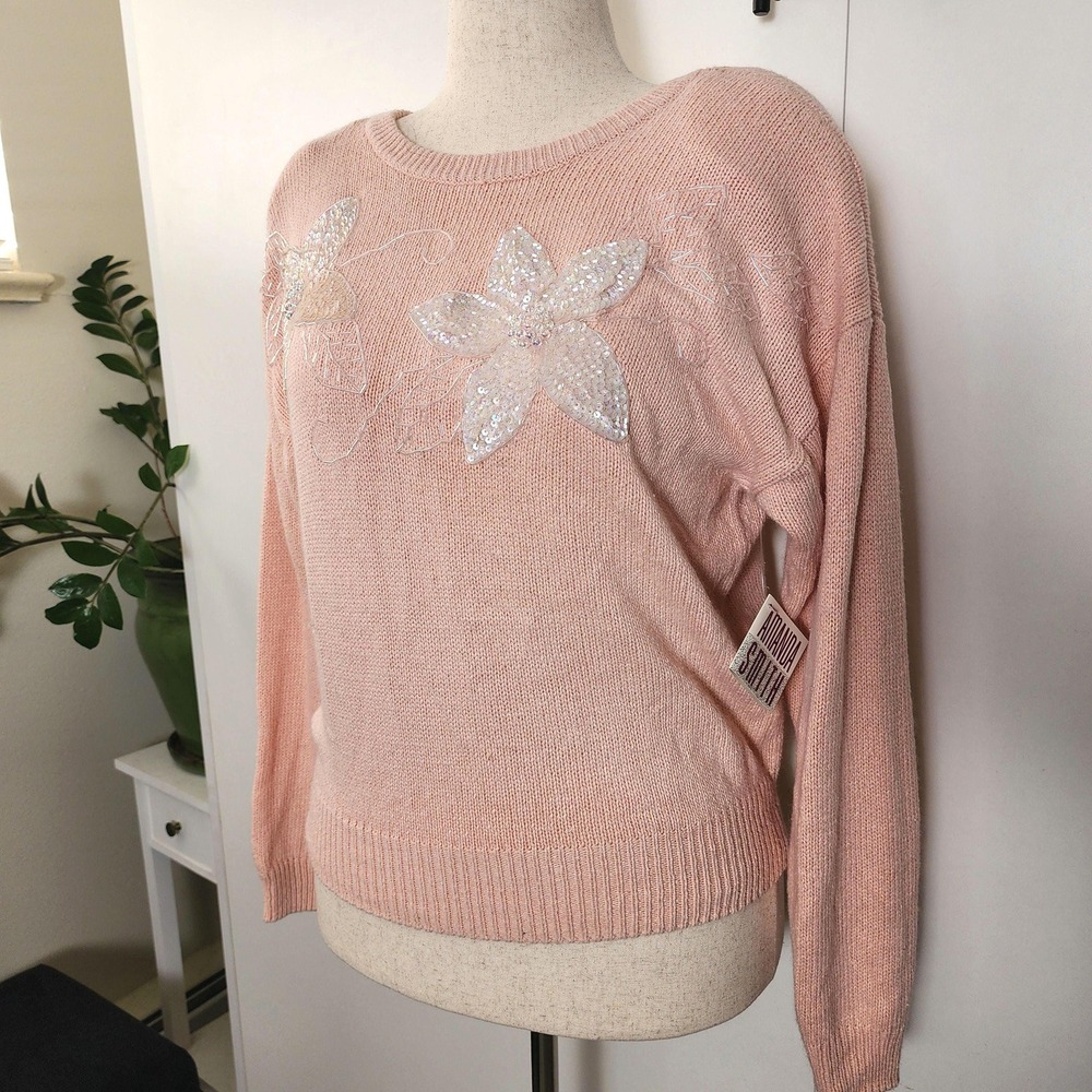 Pink 80's silk and angora sweater with floral designs in sequins and beads
